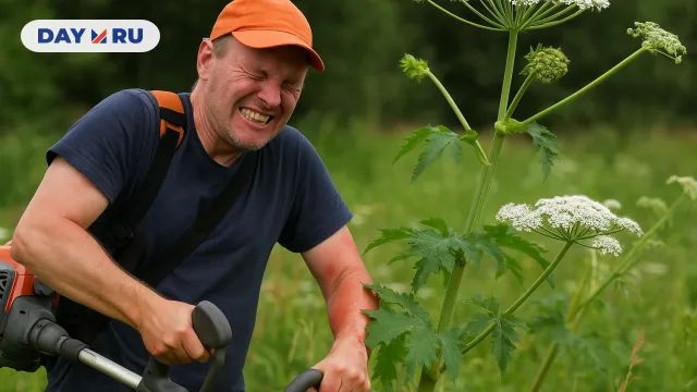 Мужчина соприкасается с борщевиком