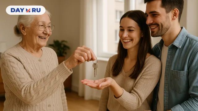 Пожилая женщина протягивает ключи молодой паре 