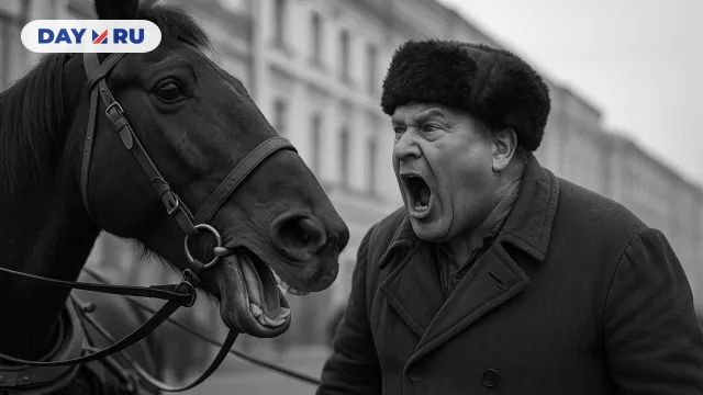 Ямщик в шапке кричит на лошадь