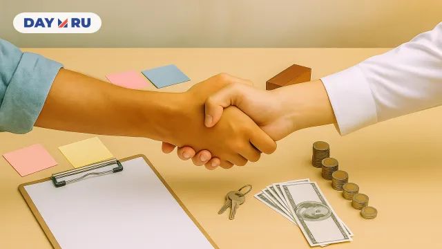 Рукопожатие двух людей за столом, на котором лежат ключи и деньги