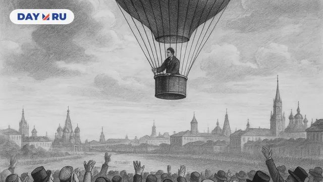 Иван Кашинский поднимается на воздушном шаре над Москвой,