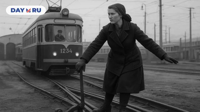 Женщина-стрелочница переводит трамвайную стрелку