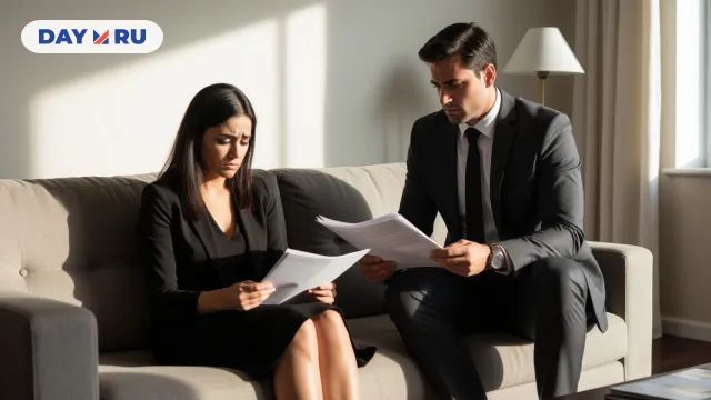 Женщина в трауре, мужчина, документы