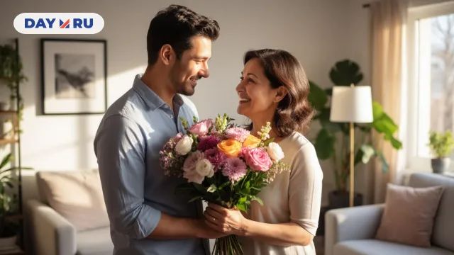 Мужчина дарит матери цветы