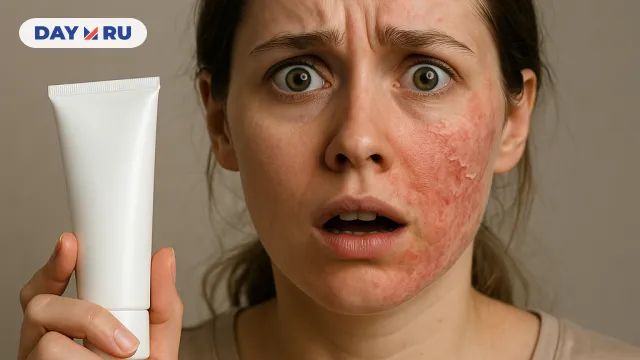 Девушка с ожогом на лице после применения крема