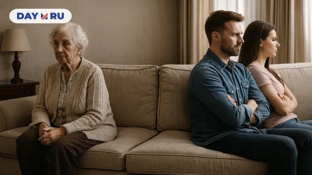 Пожилая женщина и молодая пара сидят на одном диване по разным сторонам