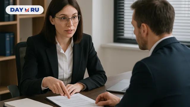 Юрист в деловом кабинете показывает клиенту документ