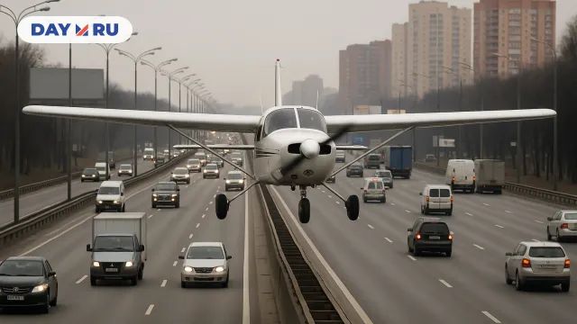 Самолёт идёт на аварийную посадку прямо по трассе, зависнув над потоком машин