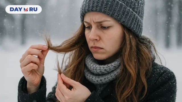 Девушка зимой рассматривает сломанные кончики своих волос