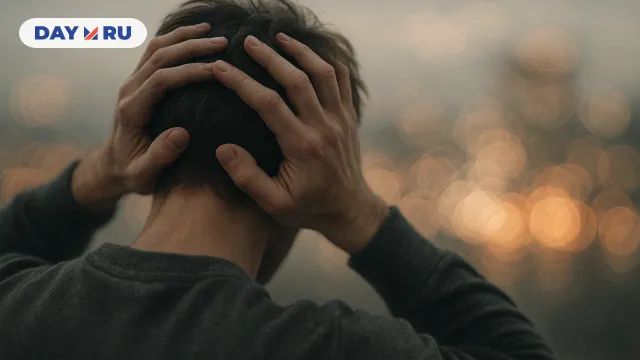 Мужчина держится за голову, глядя на размытый город вдали