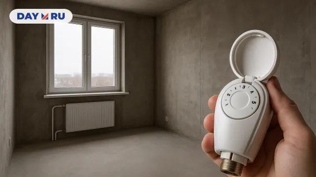 Пустая бетонная новостройка и рука, держащая терморегулятор, выкрученный на максимум.