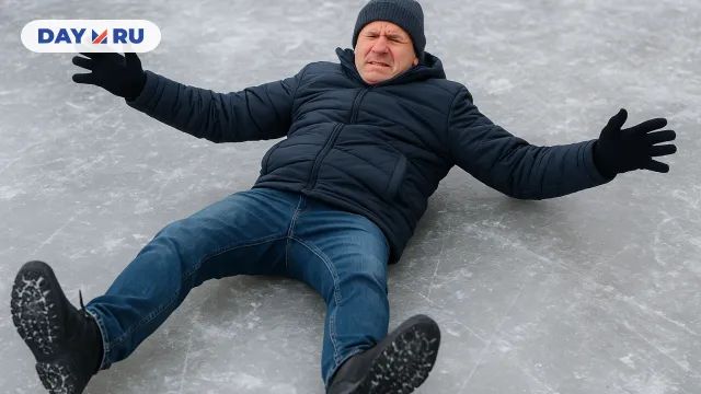 Мужчина в зимней одежде лежит на спине на скользком льду после падения.