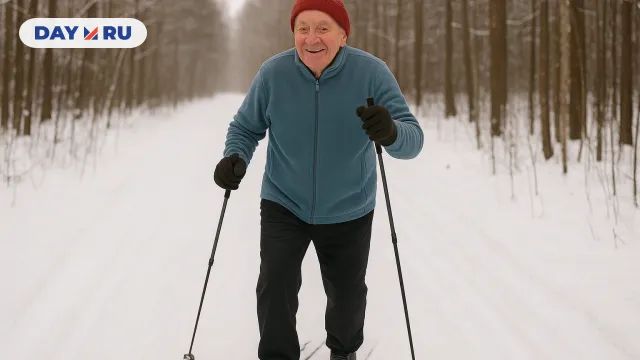 Пожилой мужчина катается на беговых лыжах