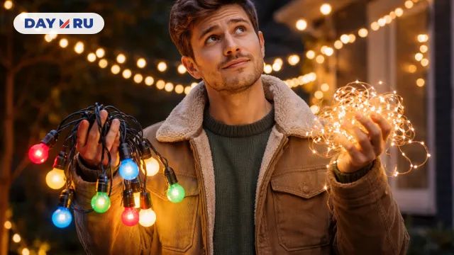 Человек выбирает гирлянды для дома