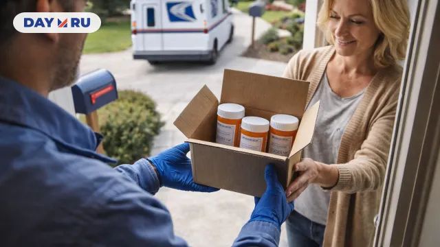Почтальон передаёт лекарства получателю у дома.