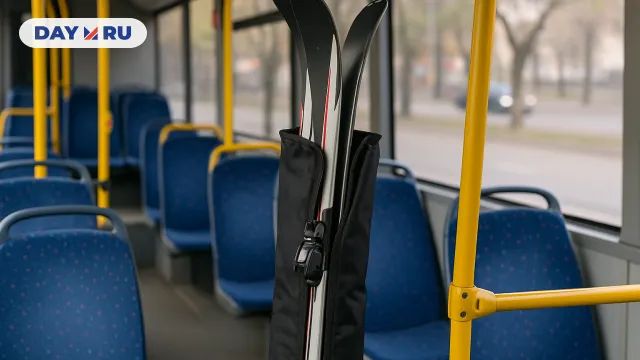 Лыжи, торчащие из приоткрытого чехла посреди пустого автобуса