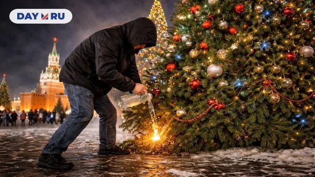Человек в капюшоне пытается поджечь новогоднюю ёлку