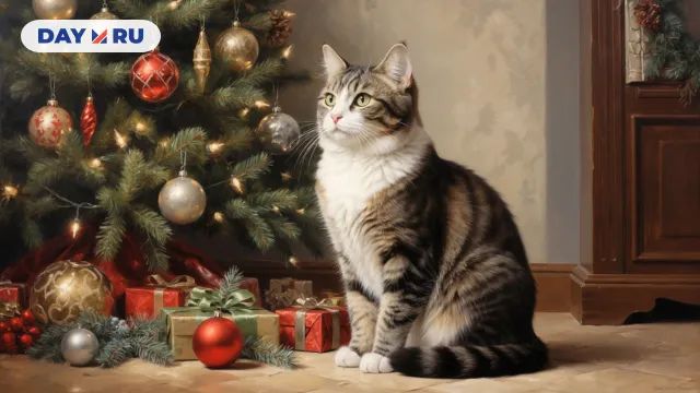 Кот, новогодняя елка
