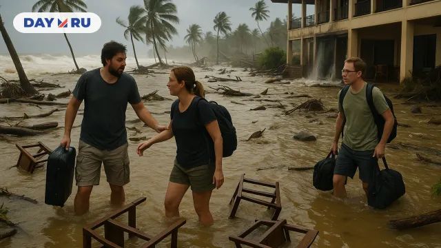 Туристы идут по затопленному берегу среди разрушенного отеля