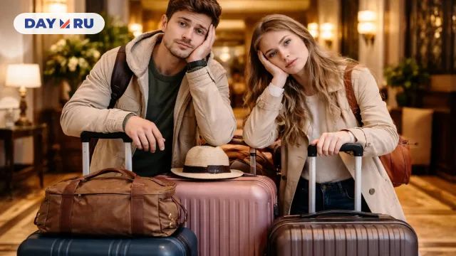 Уставшие туристы с чемоданами в холле отеля