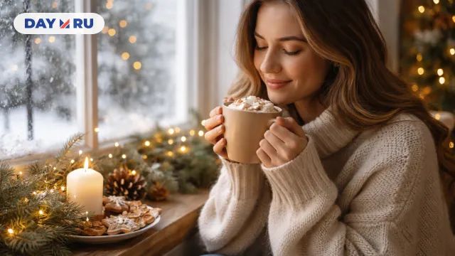 Девушка спокойно пьёт горячее какао