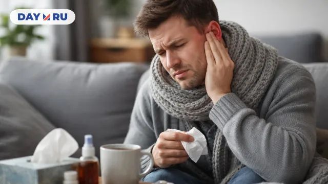 Мужчина с гриппом держится за больное ухо.