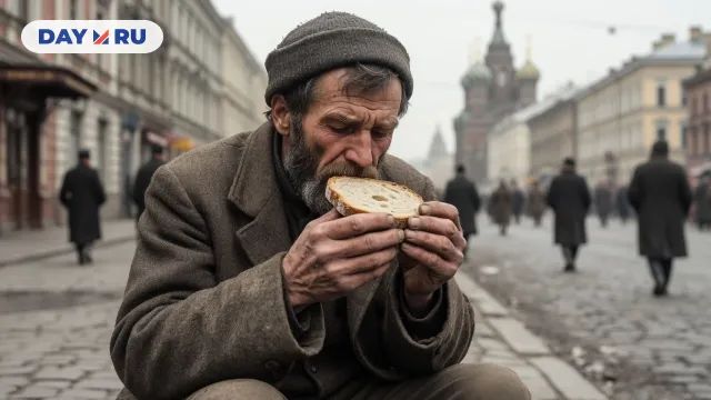 Нищий ест хлеб