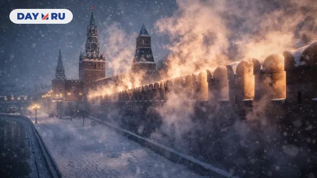 Заснеженные стены Кремля в сильный мороз окутаны клубами пара