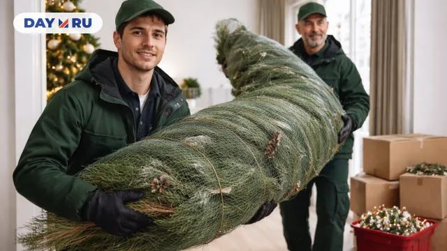 Служба вывозит упакованную ёлку из квартиры 