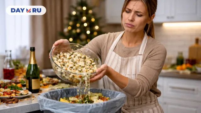 Грустная хозяйка выбрасывает испорченный салат оливье