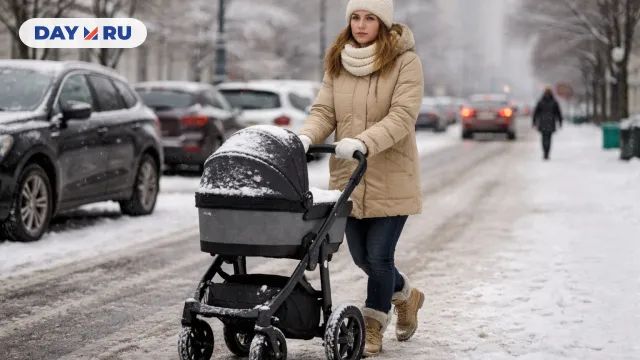Женщина с коляской зимой на улице