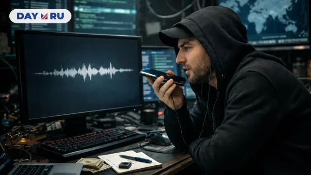 Мошенник с телефоном у компьютера