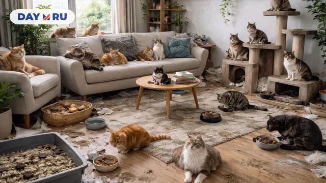Много кошек, беспорядок в квартире