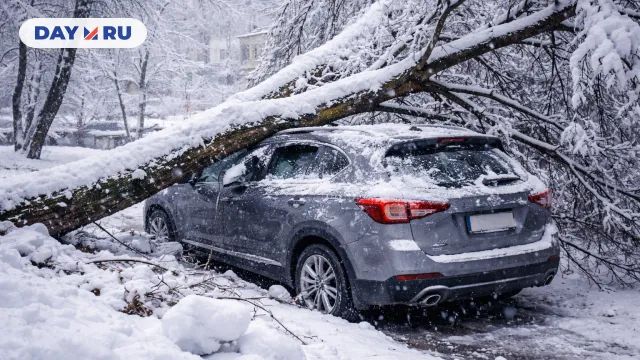 Машина под упавшим деревом зимой