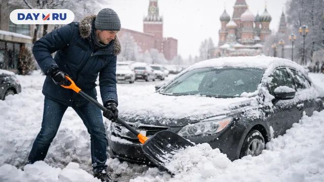 Мужчина раскапывает машину в снегу
