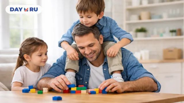 Отец играет с детьми дома
