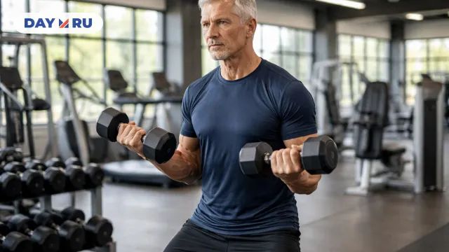 Мужчина тренируется с гантелями