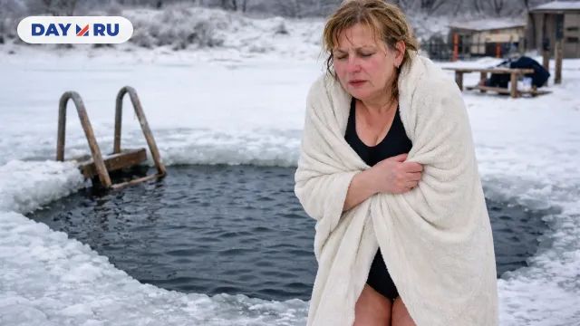 Женщина дрожит у ледяной проруби