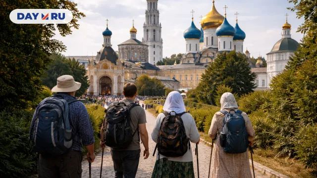 Путники на фоне Лавры Сергиева Посада