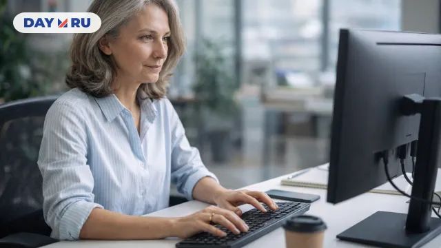 Пожилая женщина работает за компьютером